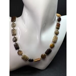 Vintage Petrified Wood Bead Necklace 20” Fossil Wood Earth Tone Jewelry